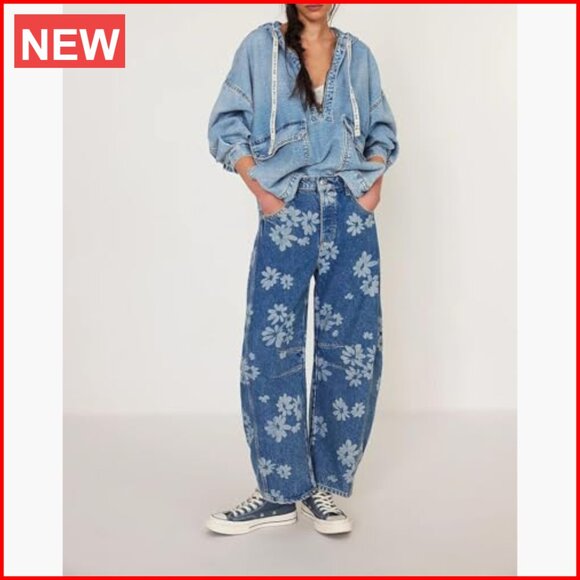 Mid Rise Baggy Barrel Jeans Floral Printed Wide Leg Denim Ankle Pants - Picture 2 of 7